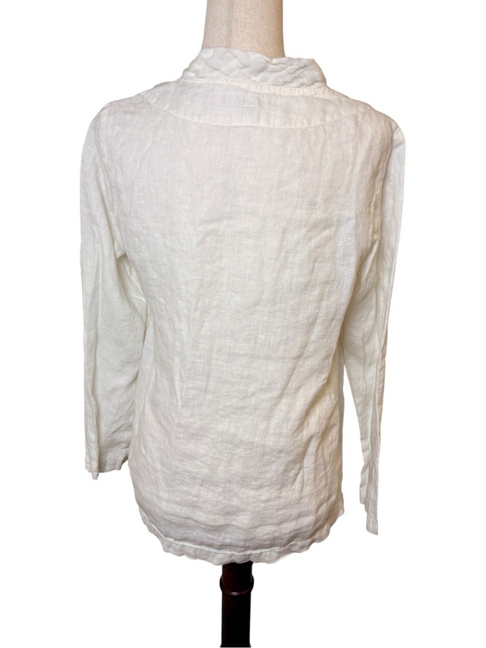 FLAX White 100% Linen Ruffle Collar Button Front Lagenlook Blouse Size P (4-6) - Picture 2 of 6